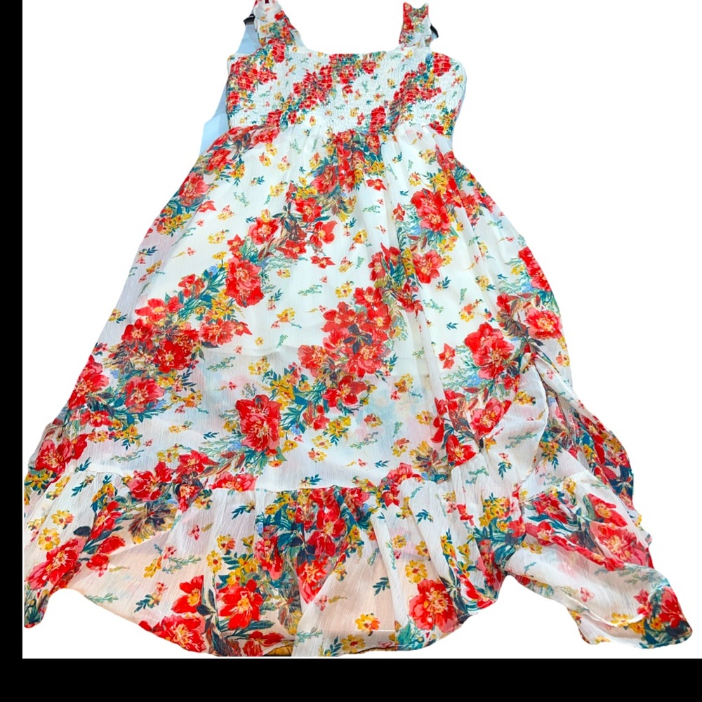 Maurices white Orange Floral Ruffle SUNDRESS XL, Sleeveless Maxi Flowy Stretchy